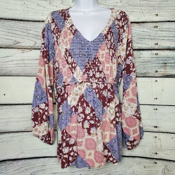 Maurices Women’s Boho Patchwork Floral Smocked Tunic Top Size 0X - Picture 1 of 8